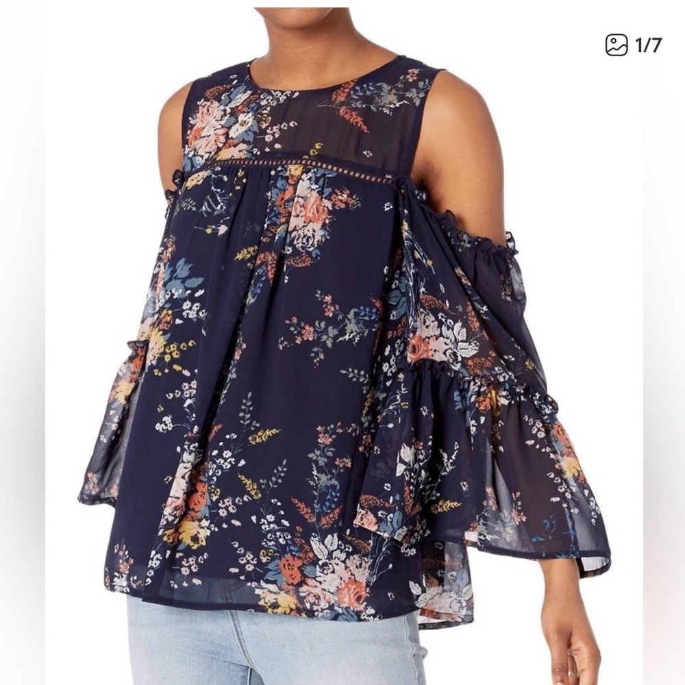 Floral Navy open shoulder Belle sleeve Women's Top sz M